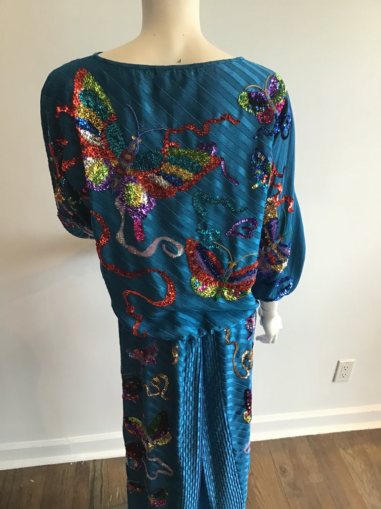 1980's Diane Fréis 2 piece Teal Butterfly Sequined Dress Size 12
