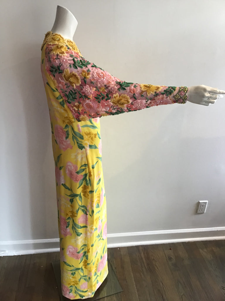 1980s Galanos Yellow Printed Evening Gown