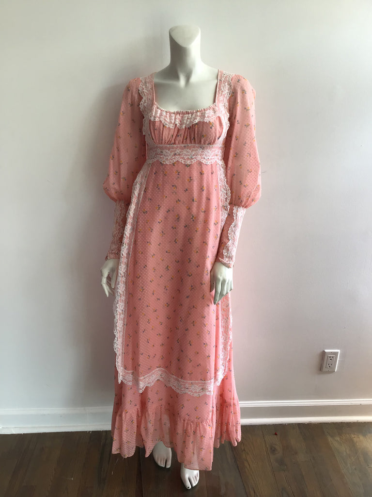 1970s Peach Dotted Swiss with Lace Maxi Dress