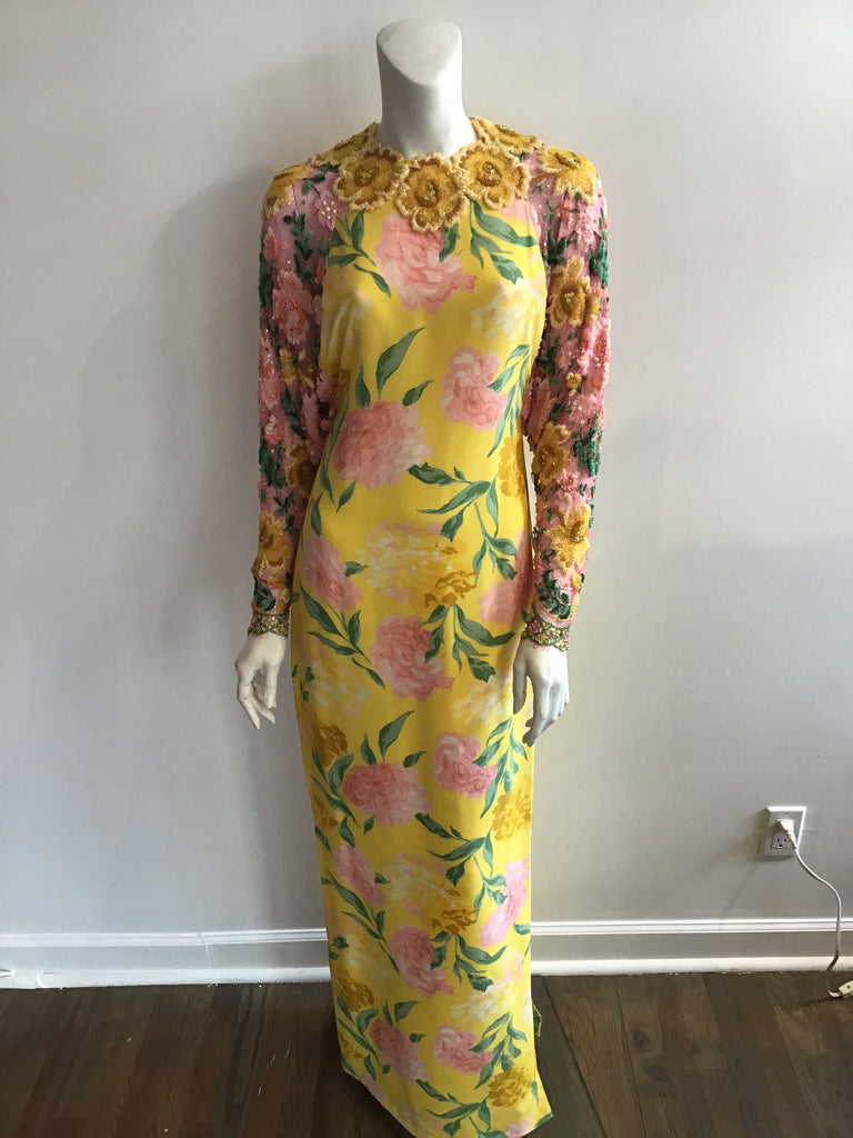 1980s Galanos Yellow Printed Evening Gown