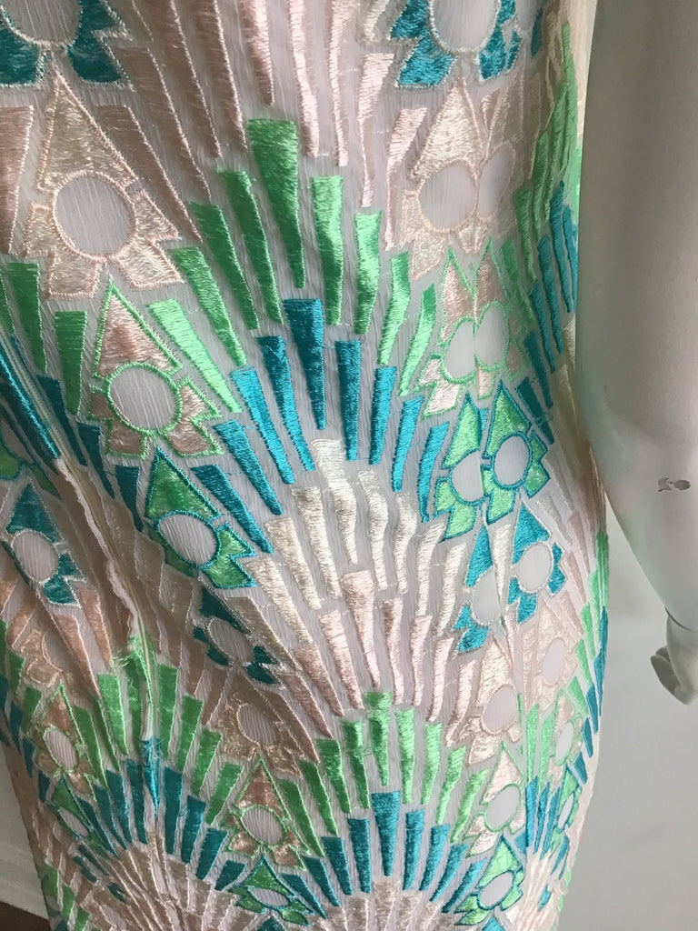 1960s Pat Sandler embroidered Turquoise and White Evening Gown with Matching Shawl