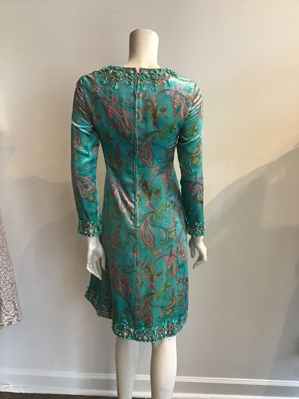 1960's Aqua Paisley Silk Printed  Velvet with beading  2pc Ensemble -size5/6