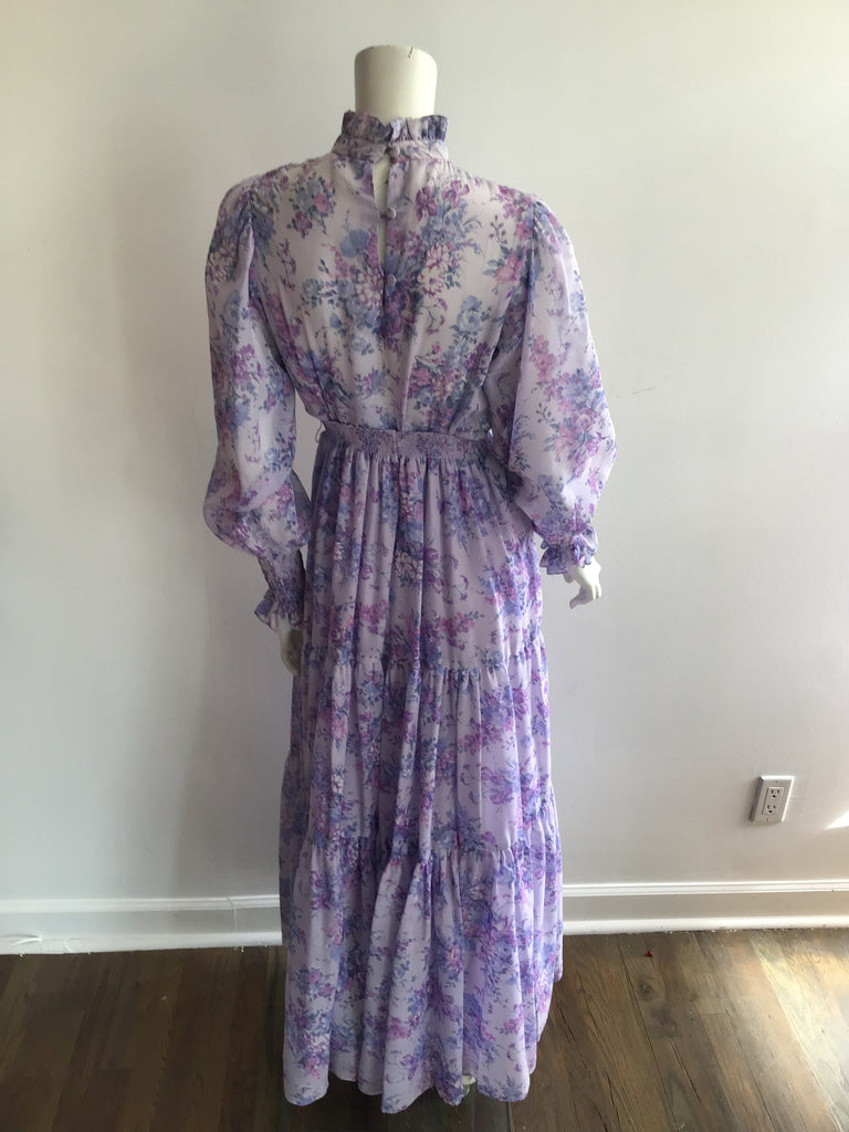 1970s Lavender Floral Maxi Dress
