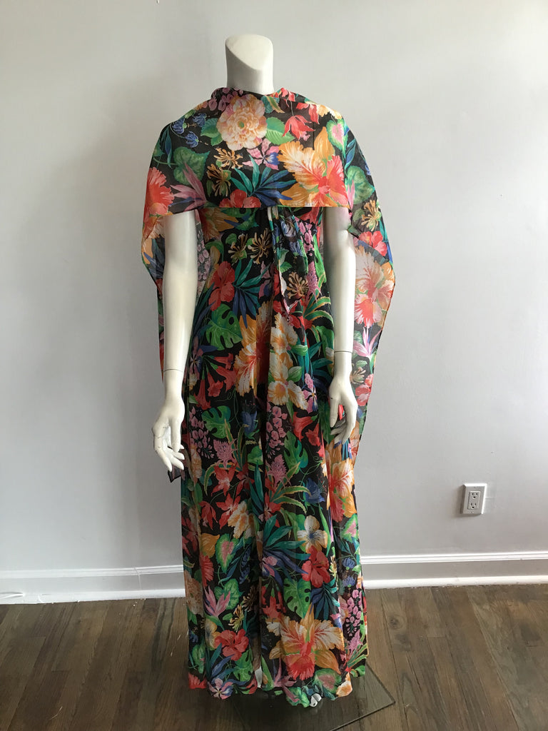 1970s Kappi Floral Evening Gown with Shawl/ unworn with original tags