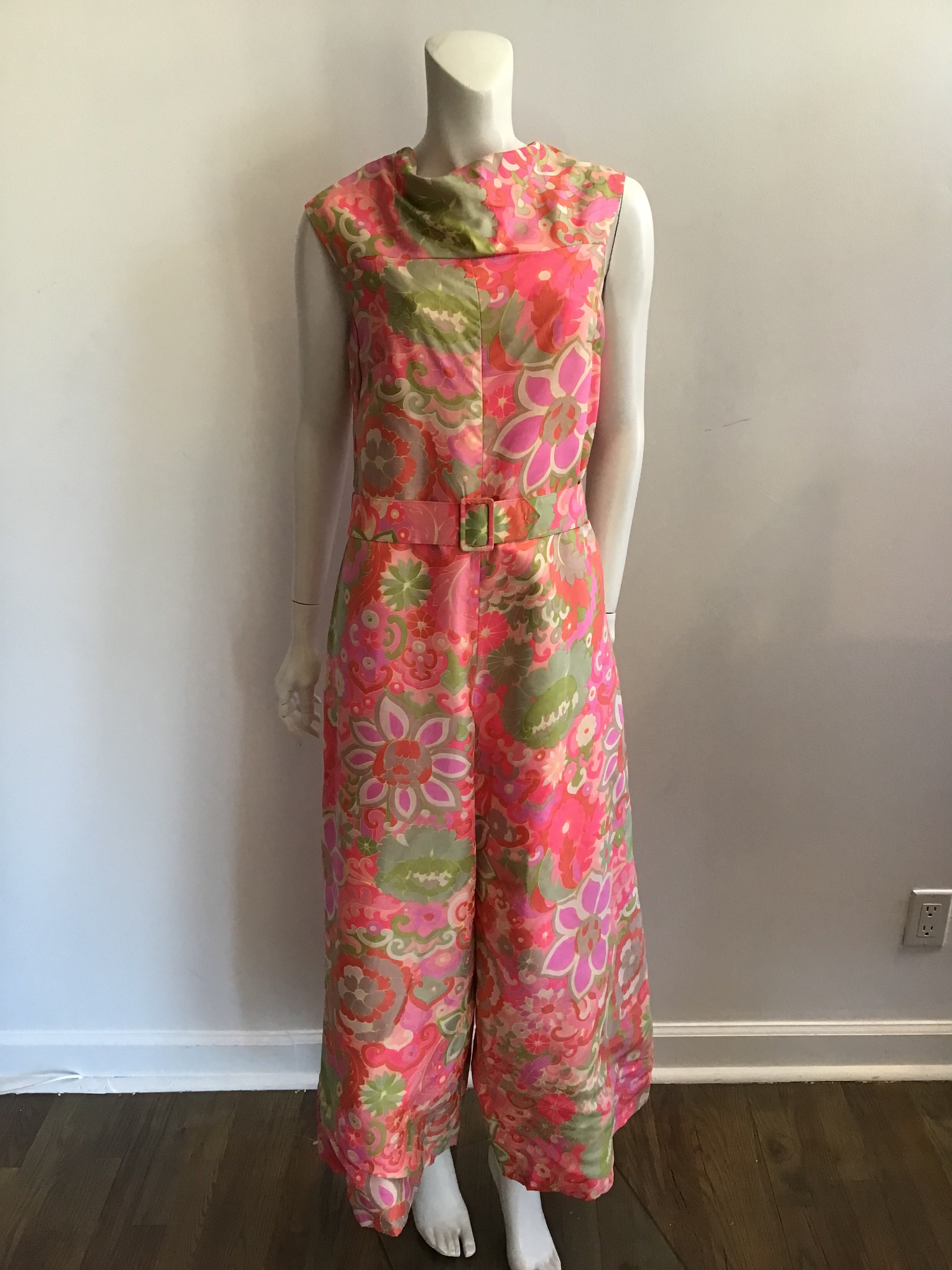 1960s Pink Silk Printed Mod Jumpsuit