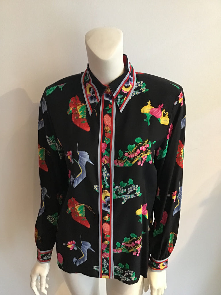 1980s frances brewster mulitcolor print silk blouse