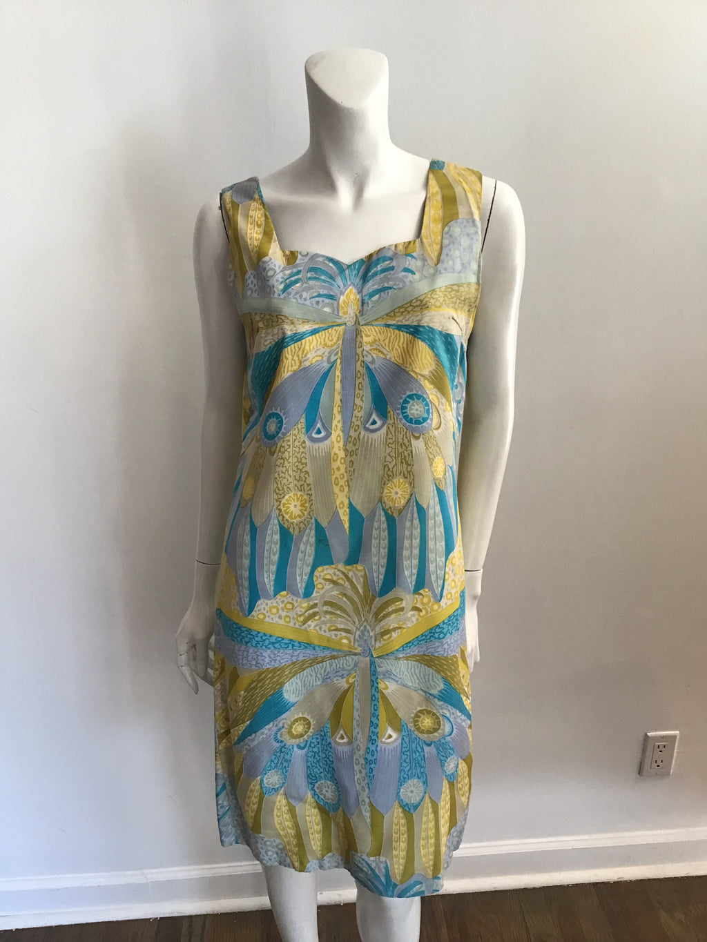 1960s Blue and Yellow Printed silk Shift Dress-size 8