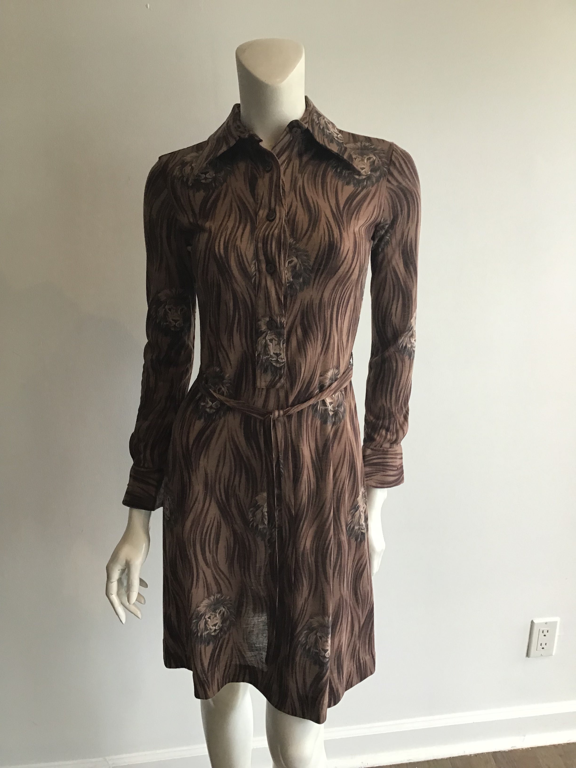 1970's Saint Clair for Thayer Brown Printed Dress with Lions