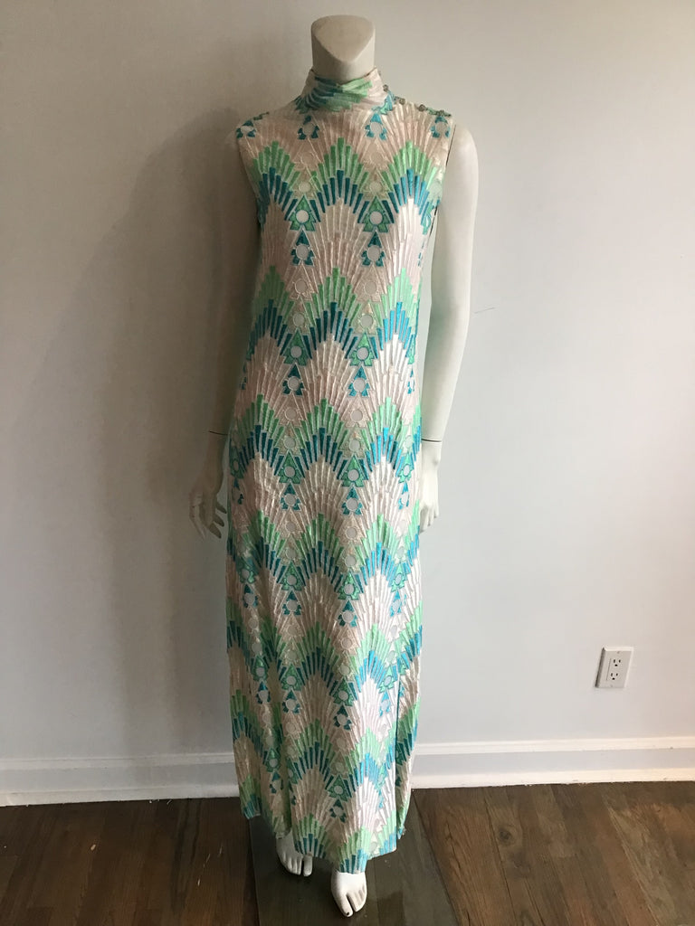 1960s Pat Sandler Silk embroidered Turquoise and White Evening Gown with Matching Shawl size 5/6