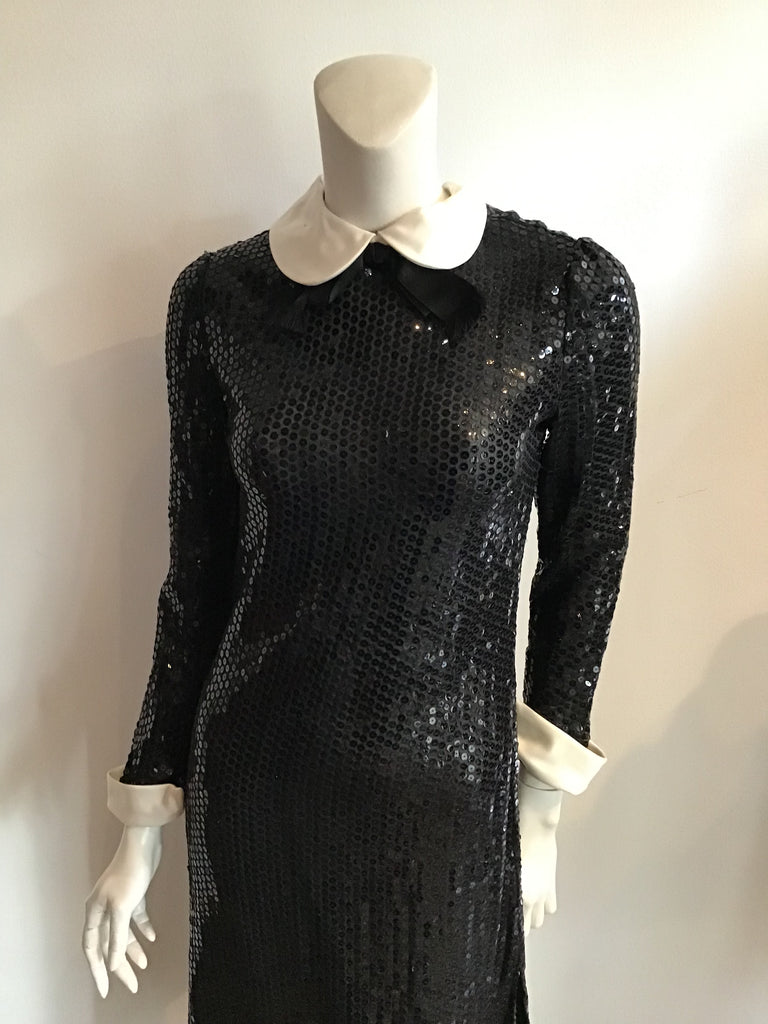 1960's Richilene Black Sequined Dress with Peter Pan Collar-size8