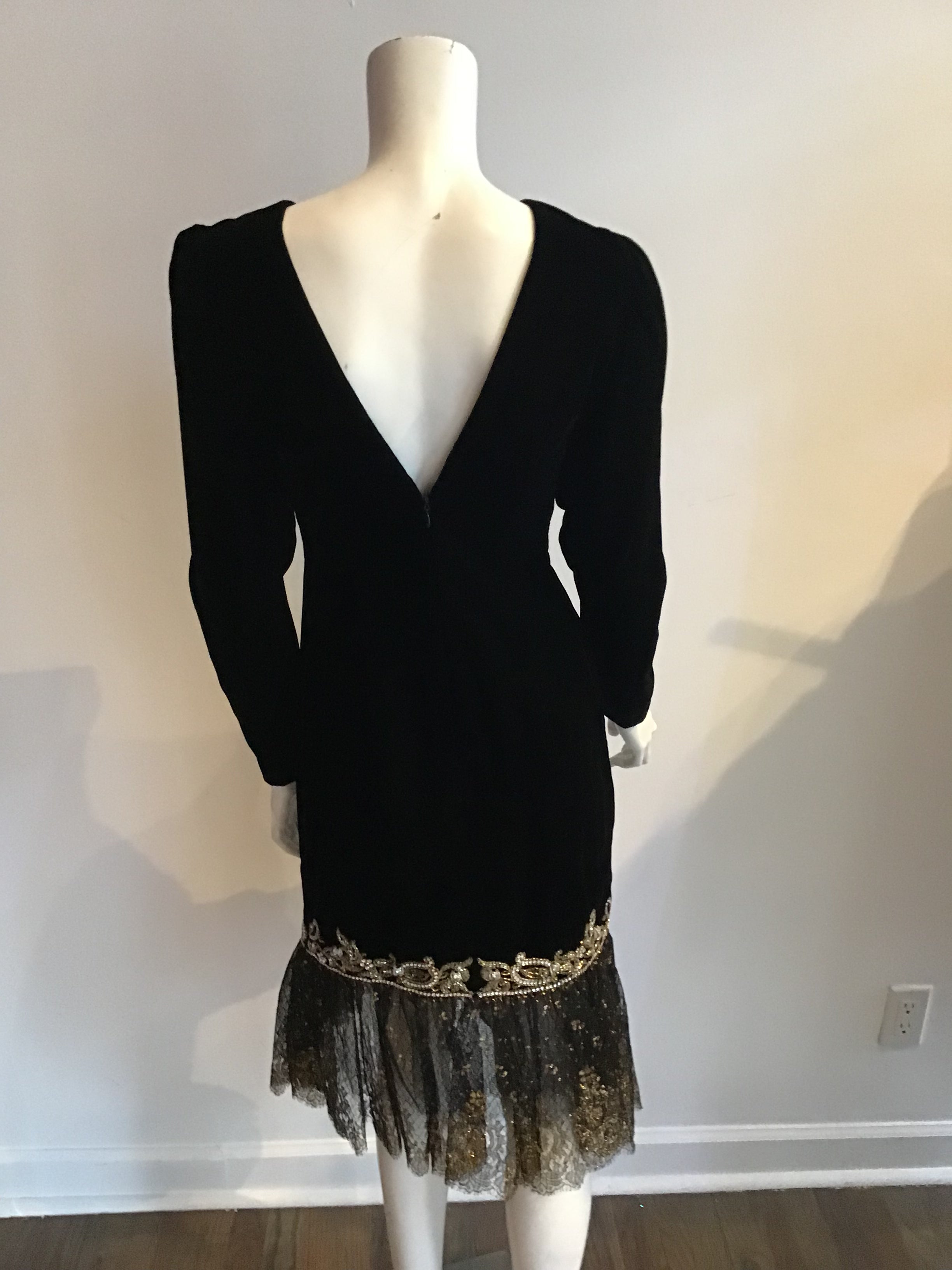 1980s Oscar De La Renat Black Velvet dress with gold metallic lace with rhinestone detail at hem Gold 