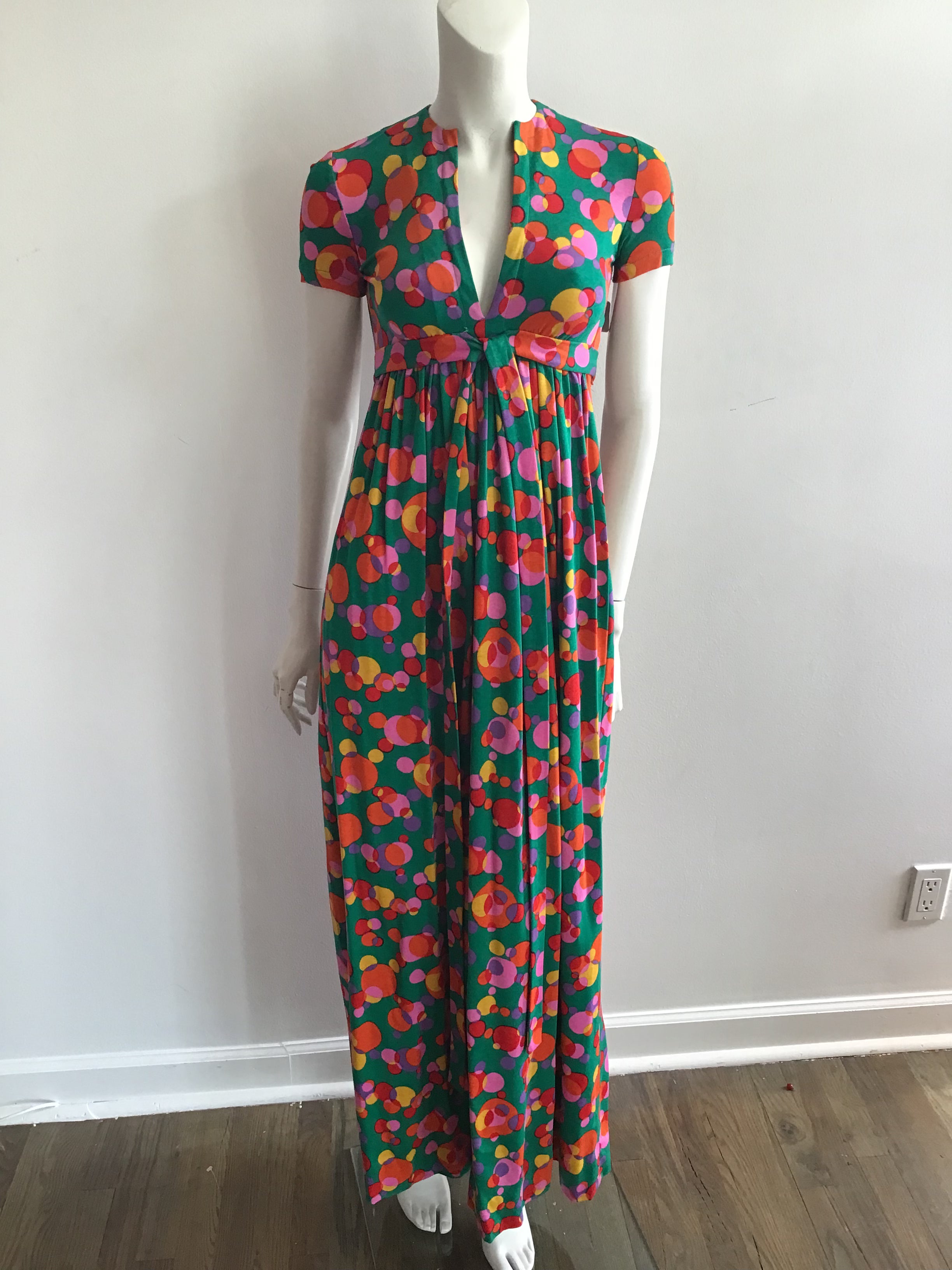Late 1960's Printed Jersey Mulitolored Maxi Dress-4