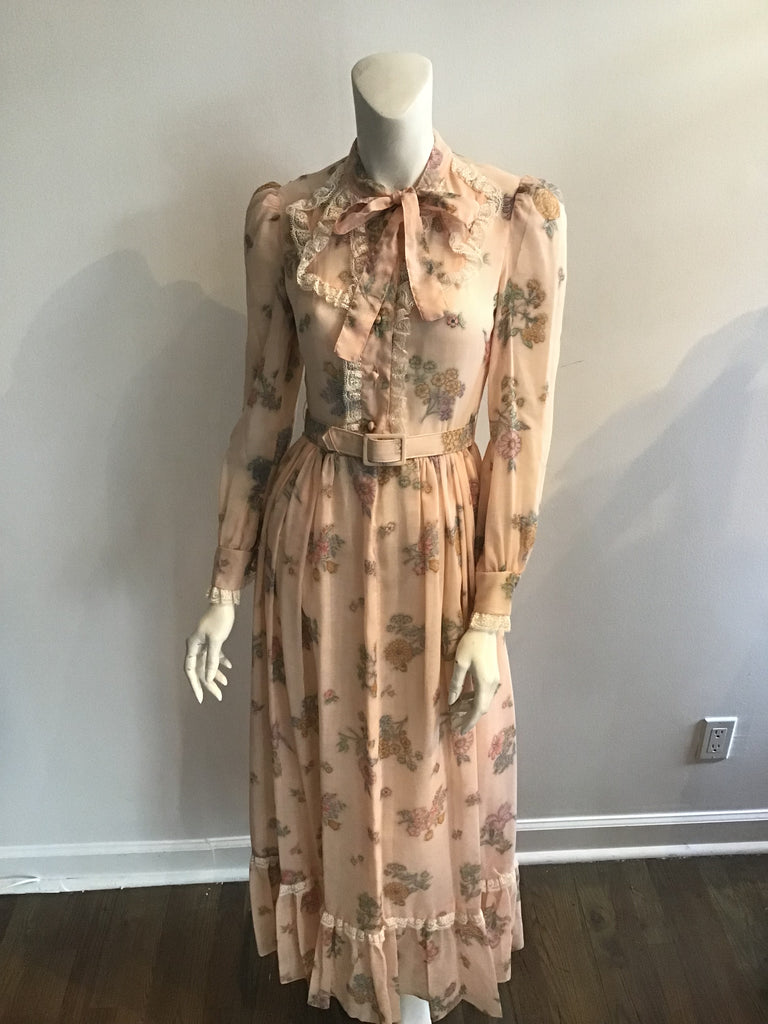 vintage 1970s act II peach polysester cotton blend floral maxi dress