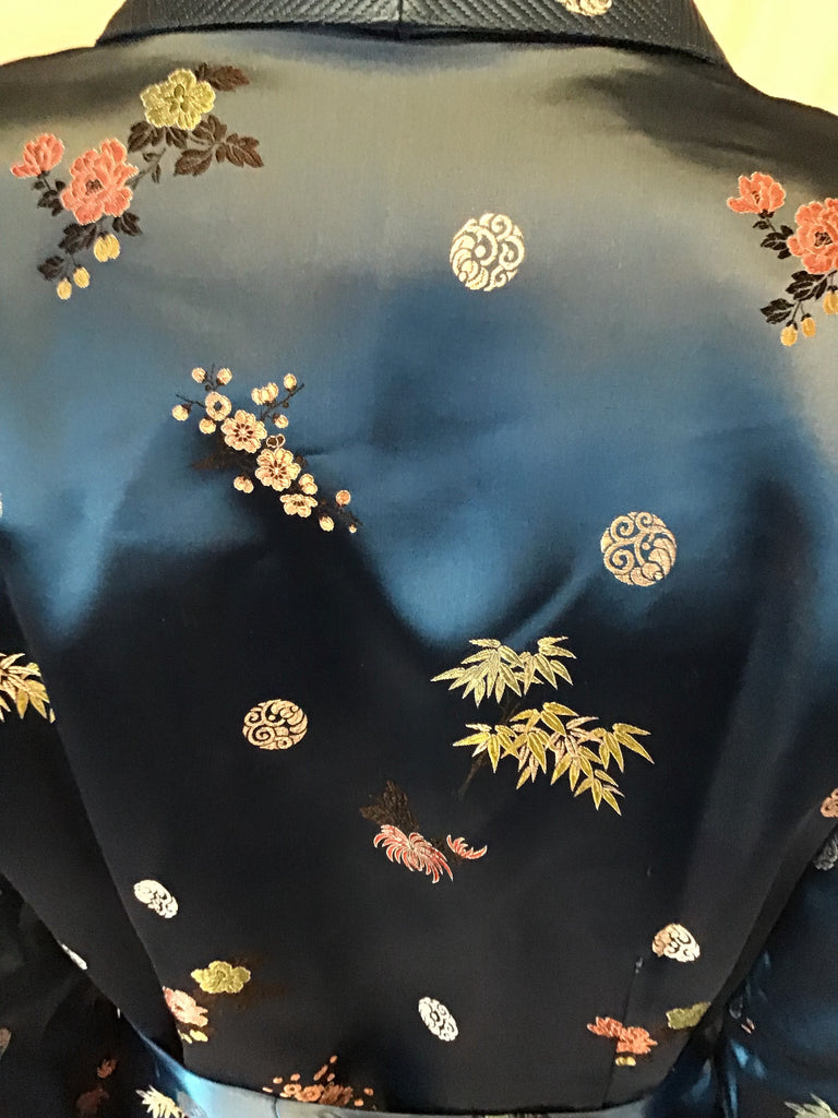 1950s Royal  Blue and Gold Silk Satin Chinese Export Robe-unworn medium