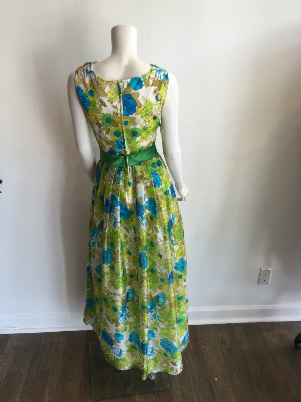 1960s Blue and Yellow Floral  Polyester Printed long Dress-size 7/8
