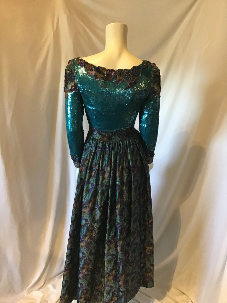 Mary Mcfadden silk brocade purple and teal beaded and sequinned Couture gown