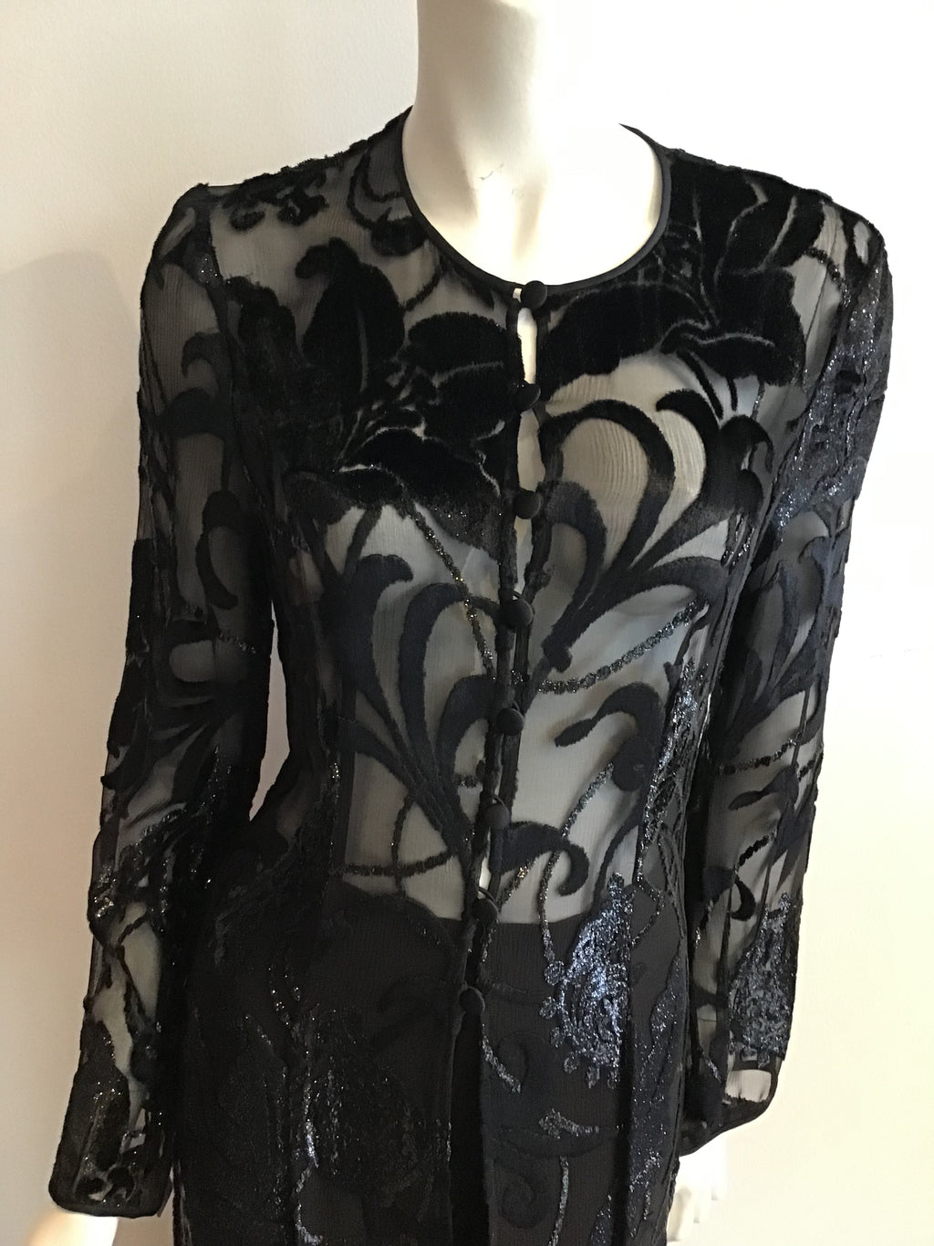 1990s Escada Black  Long Silk burnout velvet Tunic and Silk Pants Size 8