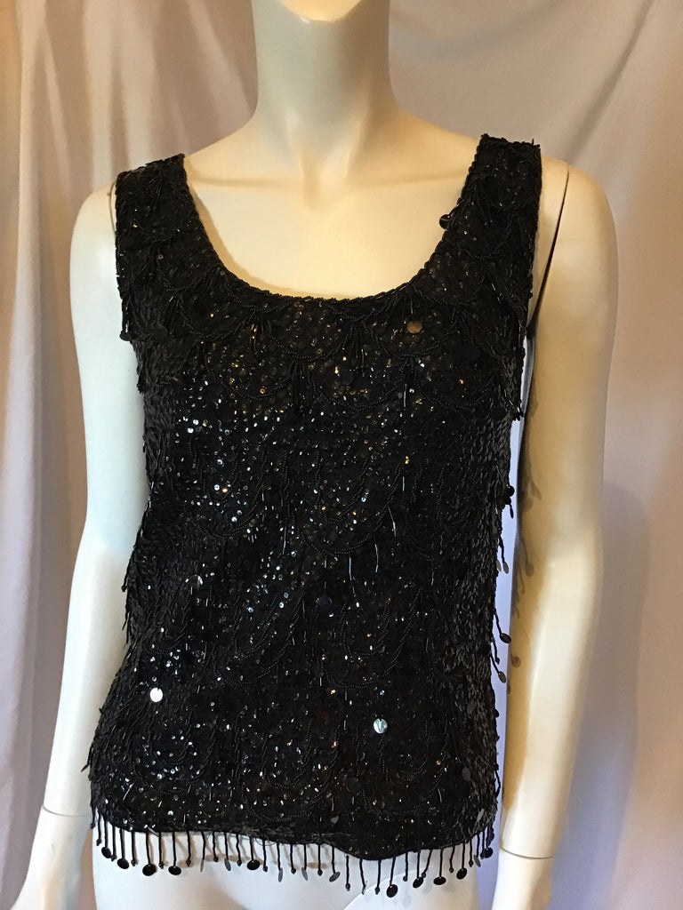 1960s black beaded and sequinned zip up shell top 