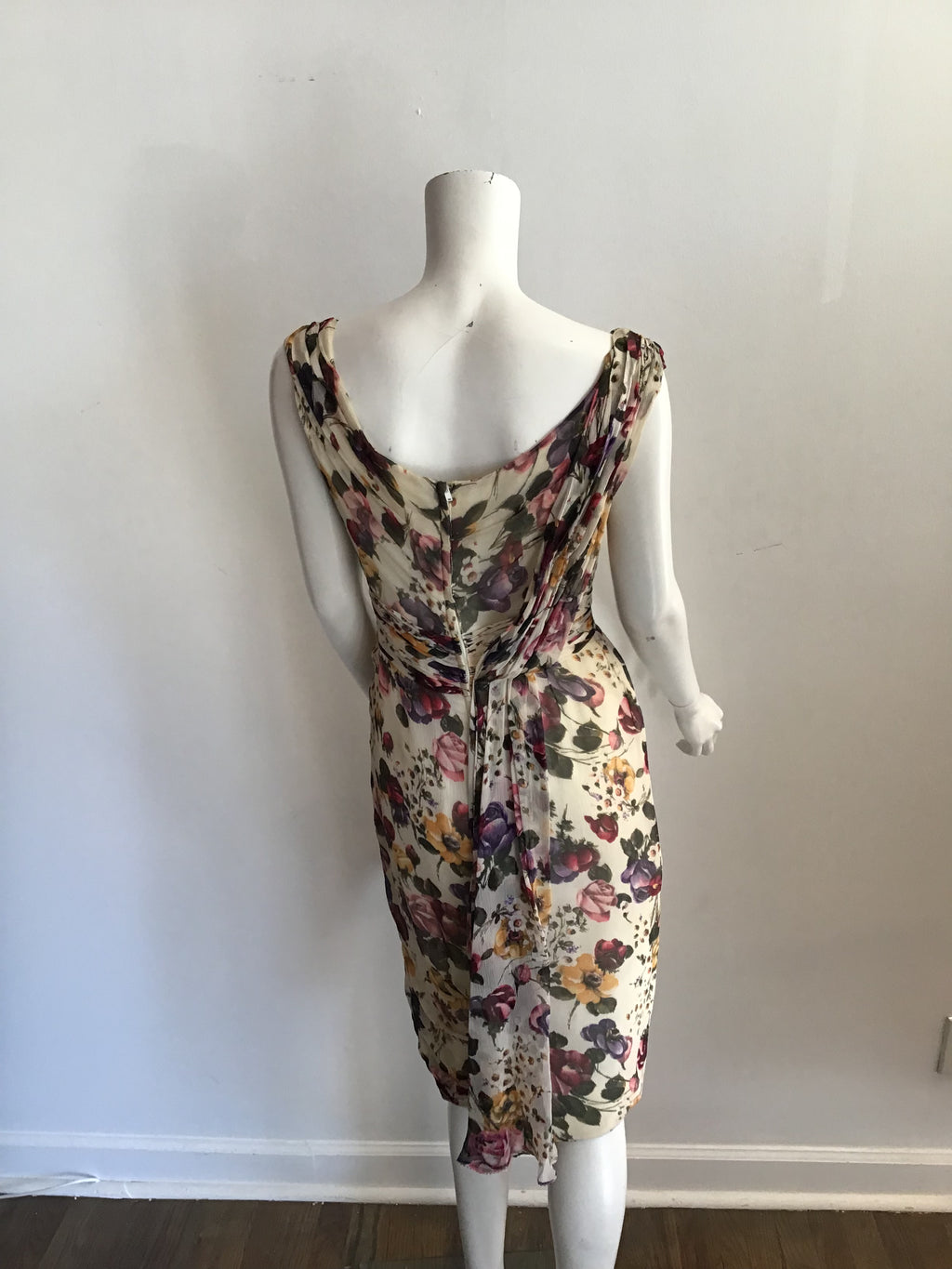 1950s Ceil Chapman Cream Floral Silk Chiffon Cocktail Dress-size 6