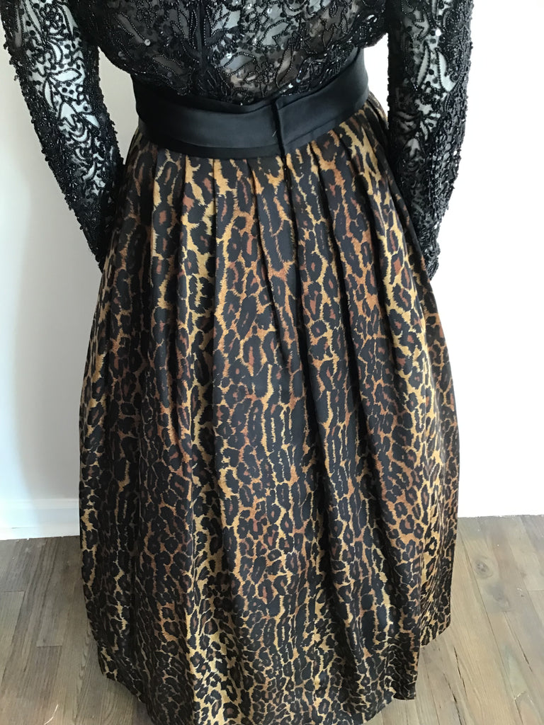 1980's Naeen Kahn Silk Leopard Skirt and Black Beaded Top Ensemble-8