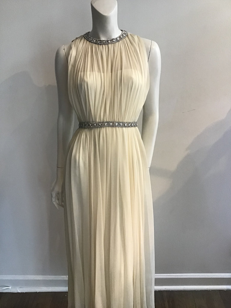 1960's Miss Winston Ivory Silk Chiffon with Rhinestone Trim Evening Dress-size 4/5
