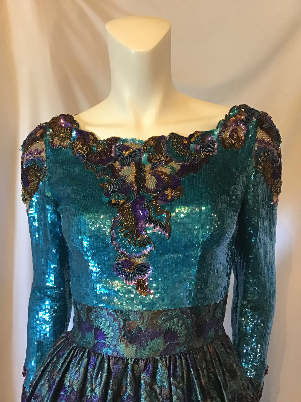 1980s Mary McFadden Teal & Purple Sequinned /beaded Brocade Couture Gown-size 2