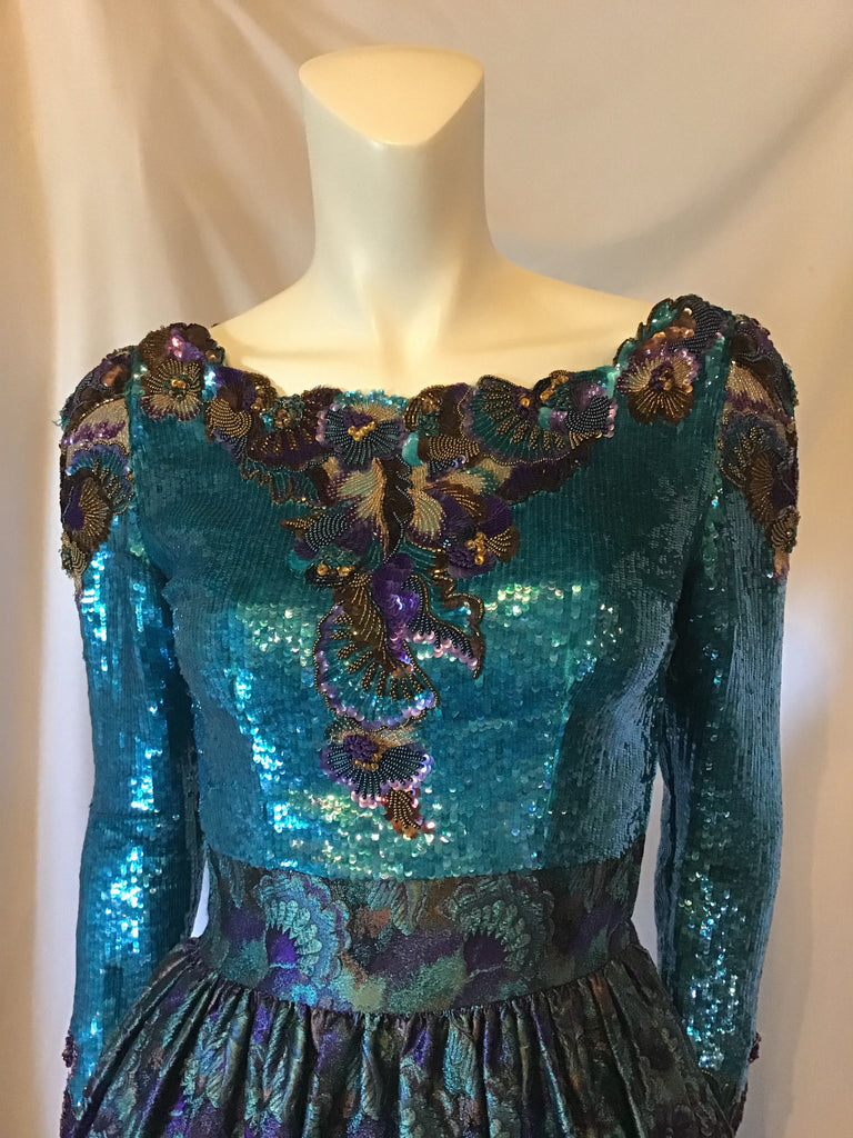 1980's Mary McFadden Teal & Purple Sequinned/beaded  silk brocade Couture Gown-size 2/3