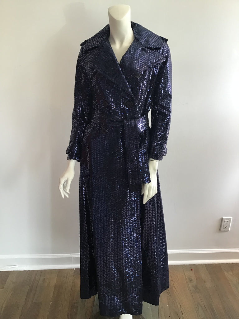 vintage 1970s Bill Blass Bond Street Dark  Blue Full Length entirely  sequined evening coat