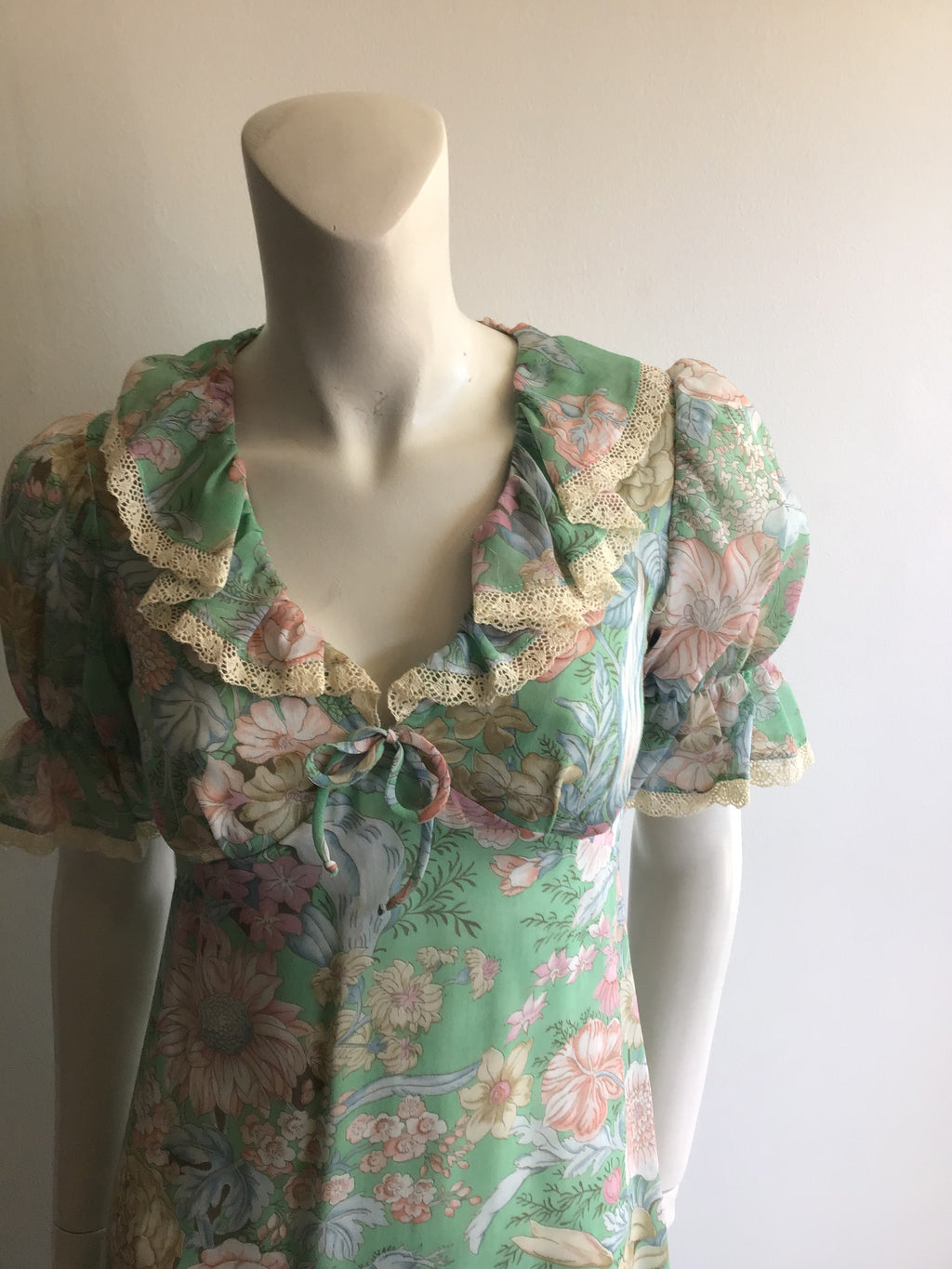 1970's Mint Green Floral Polyester  Prairie Dress size 2-4