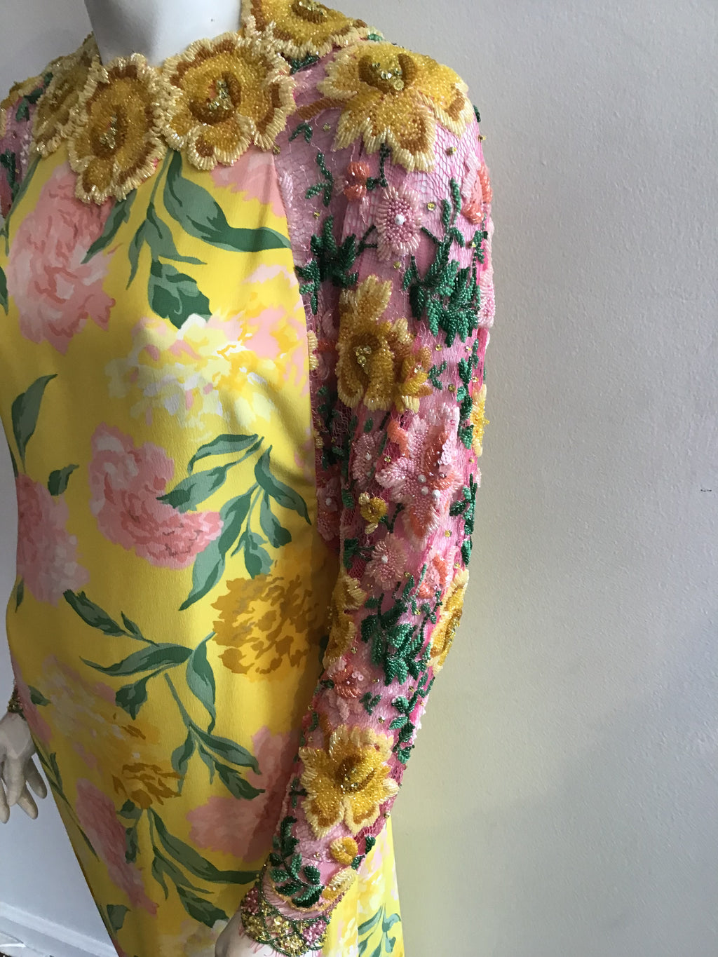 1980s Galanos Yellow Printed Evening Gown