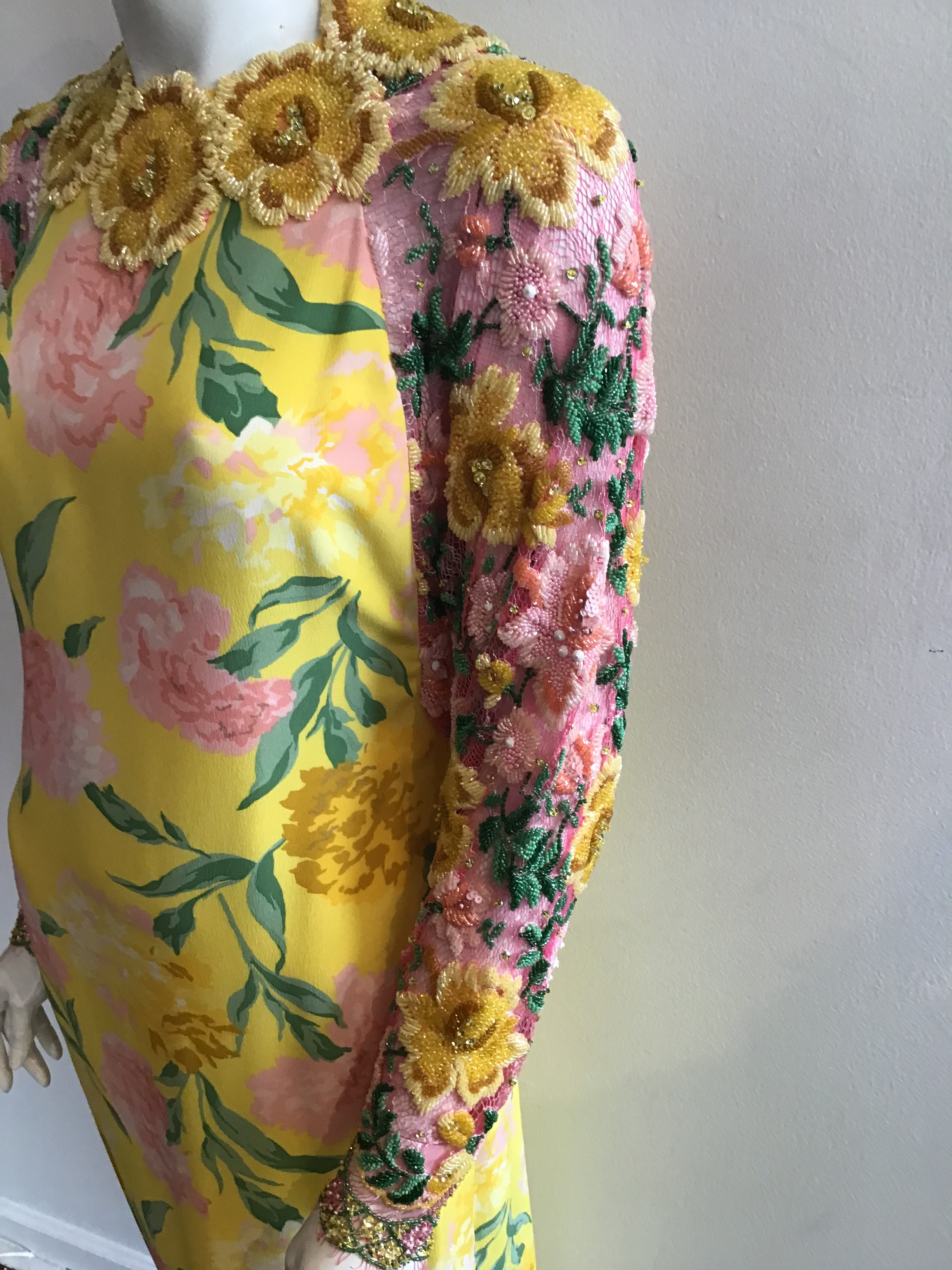 1980s Galanos Yellow Printed Evening Gown