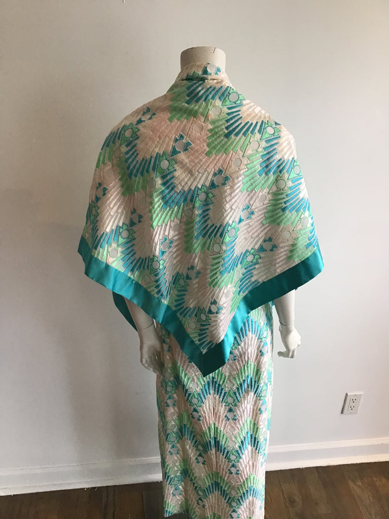1960s Pat Sandler embroidered Turquoise and White Evening Gown with Matching Shawl
