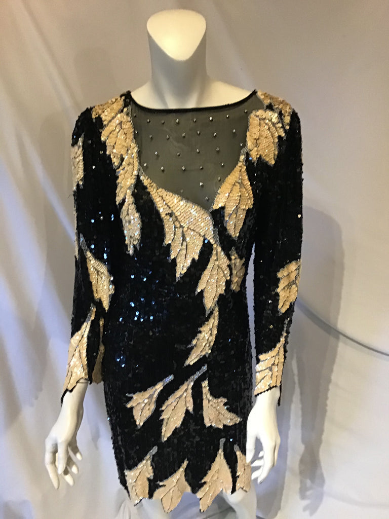 Vintage 1980s ivory and black sequinned short cocktail dress  leaf design