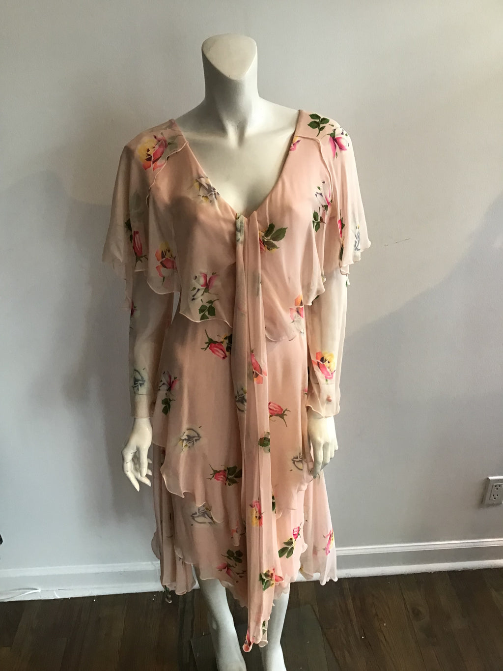 1980's Holly Harp Silk Chiffon Pink Floral Tiered Dress Size 8/9
