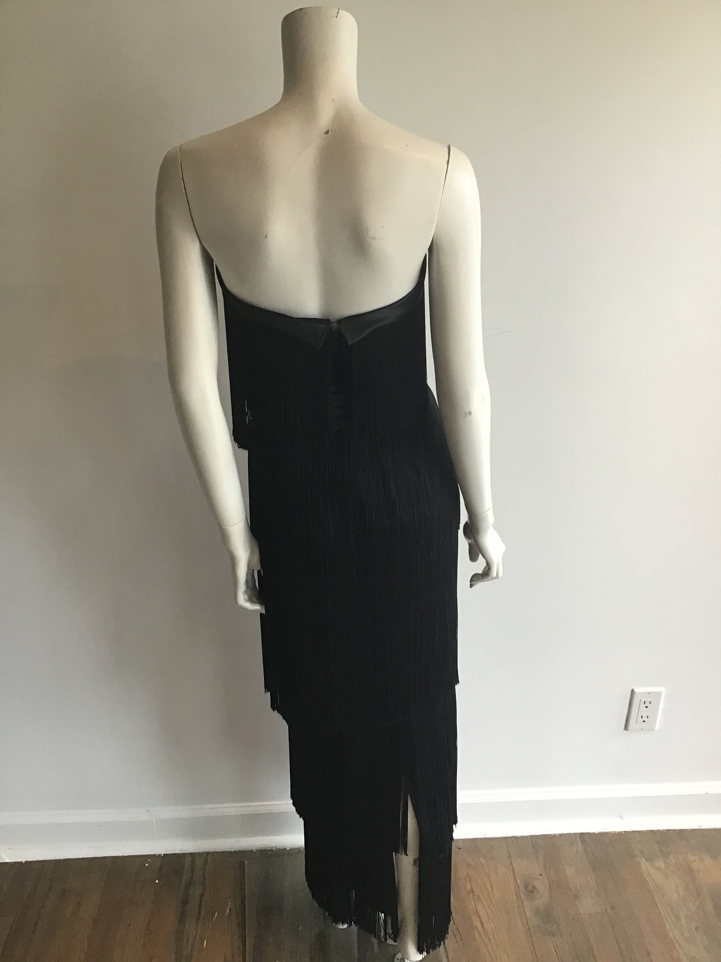 1960s Rose Taft for Couture Black Fringe Evening Gown