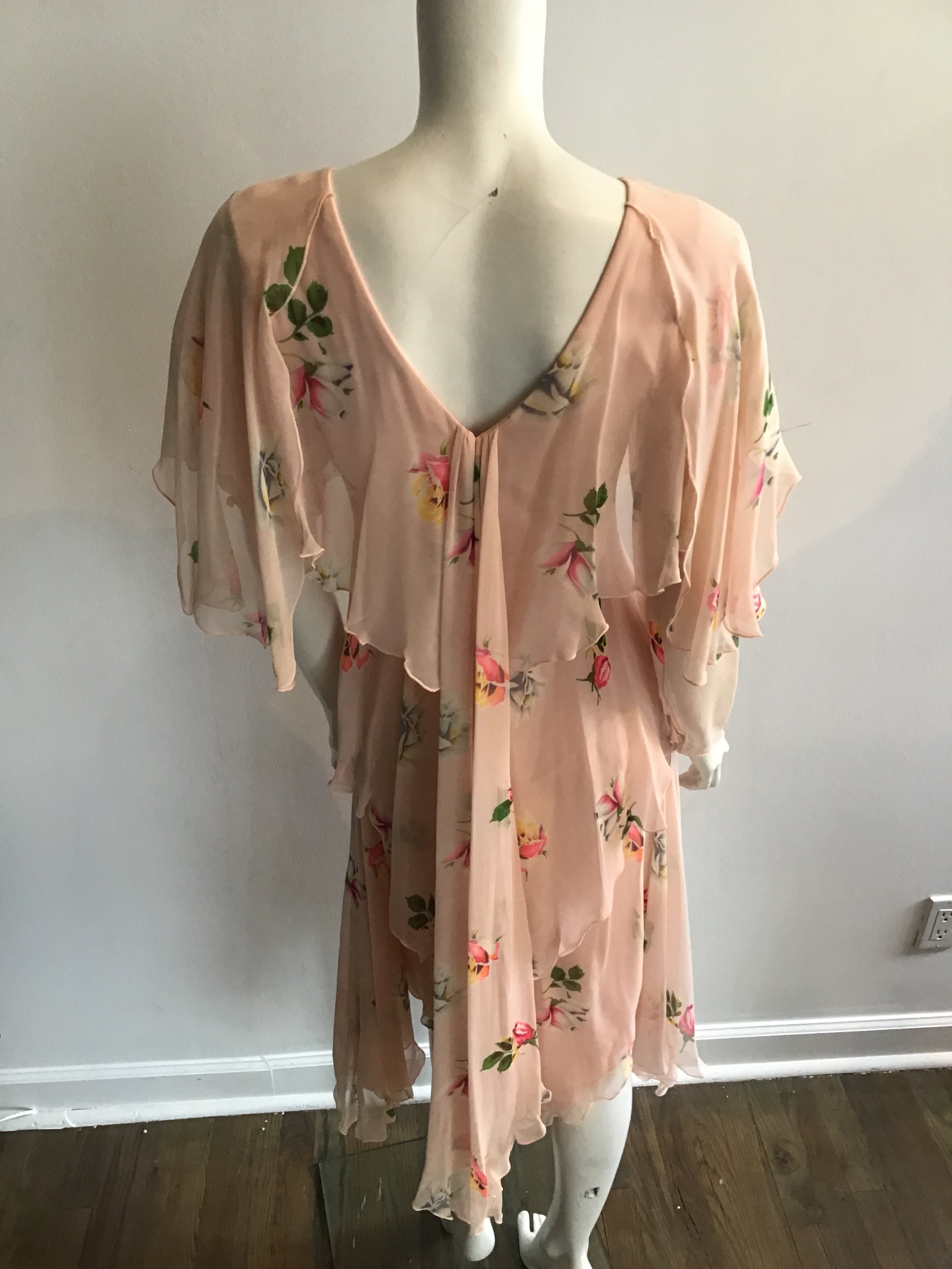 1980's Holly Harp Silk Chiffon Pink Floral Tiered Dress Size 8/9