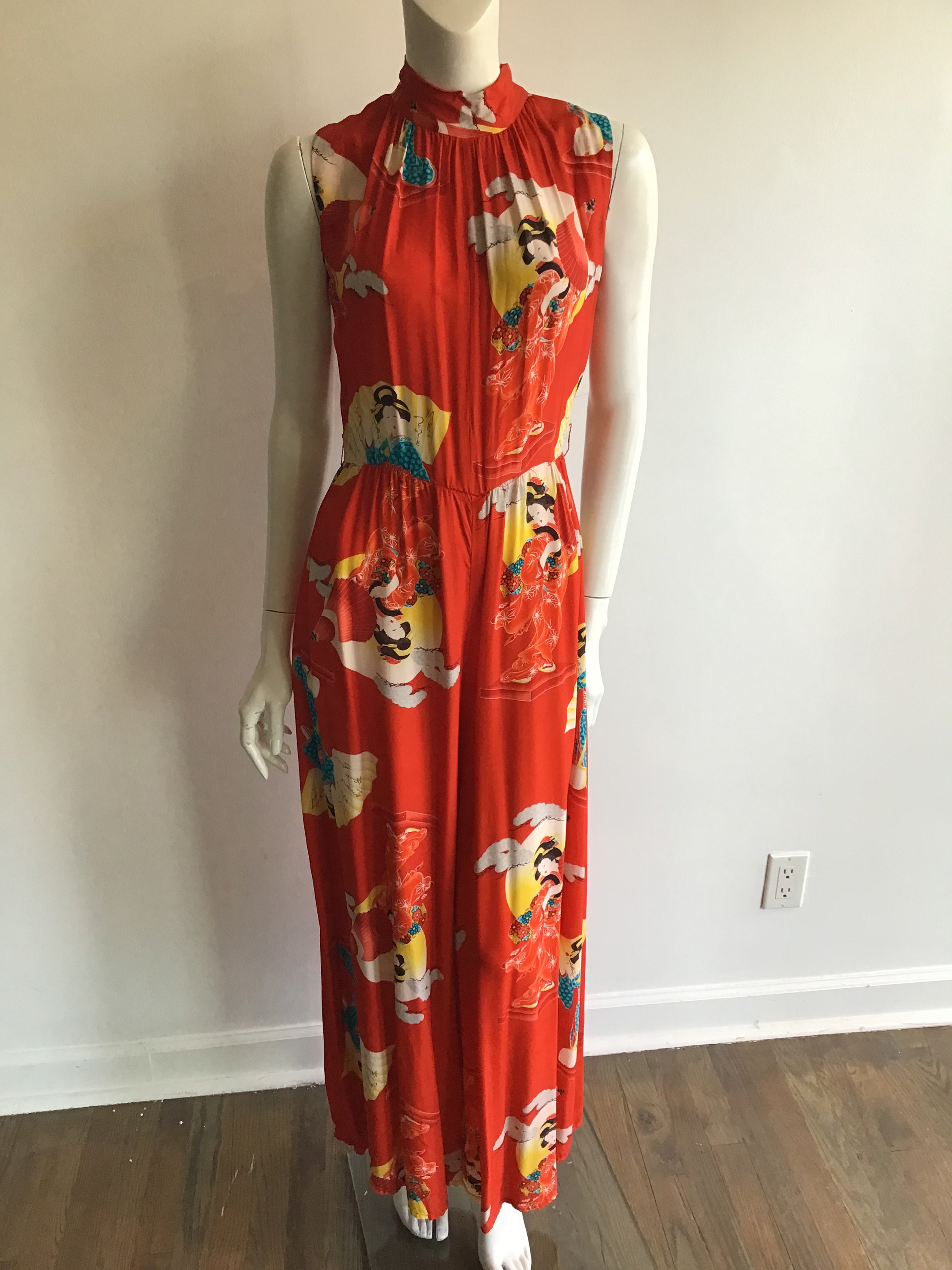 1960s Red Geisha Print Silk Jumpsuit size 7/8