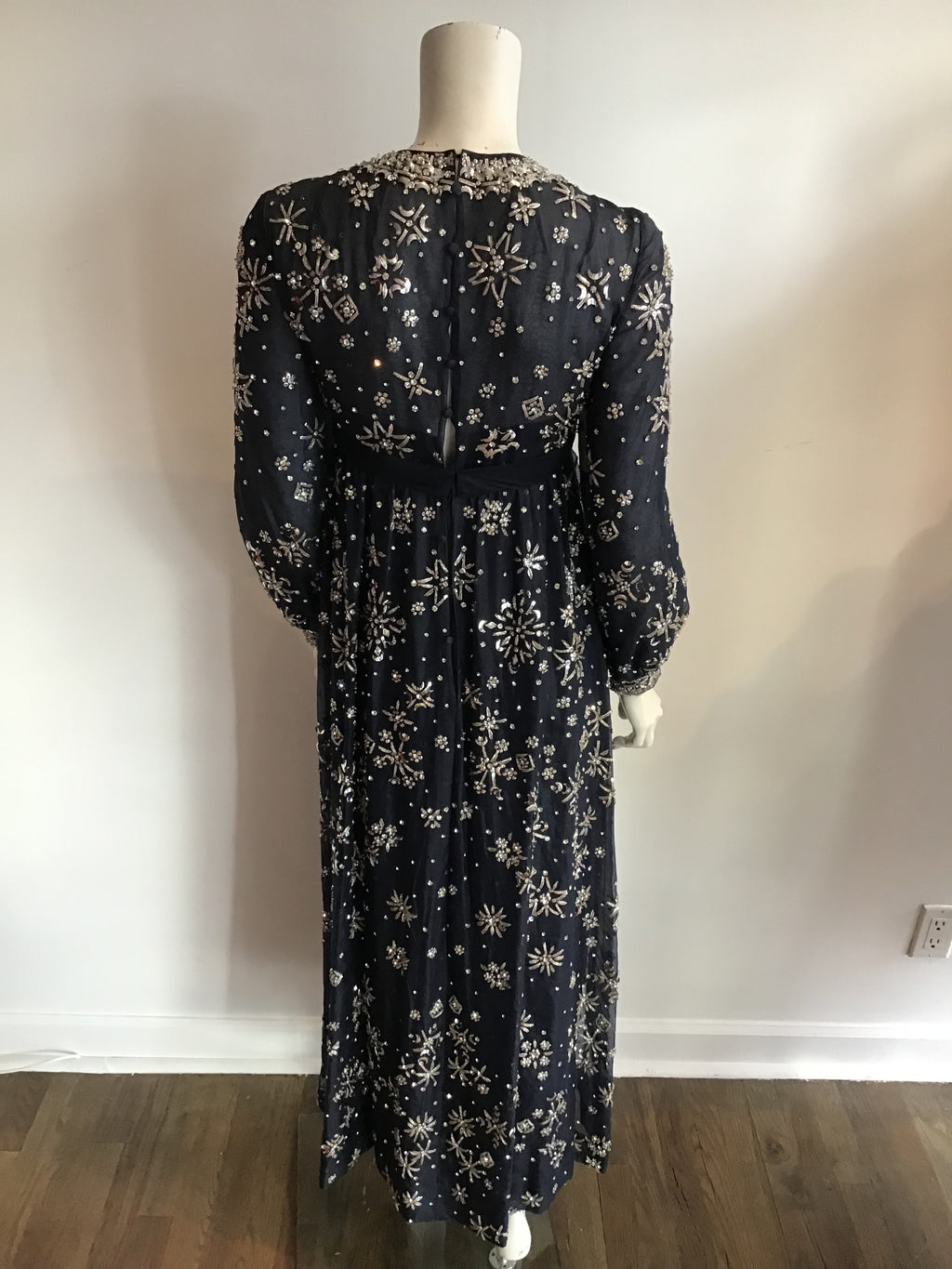 1960s  Blue Organza beaded Evening Gown-2/4