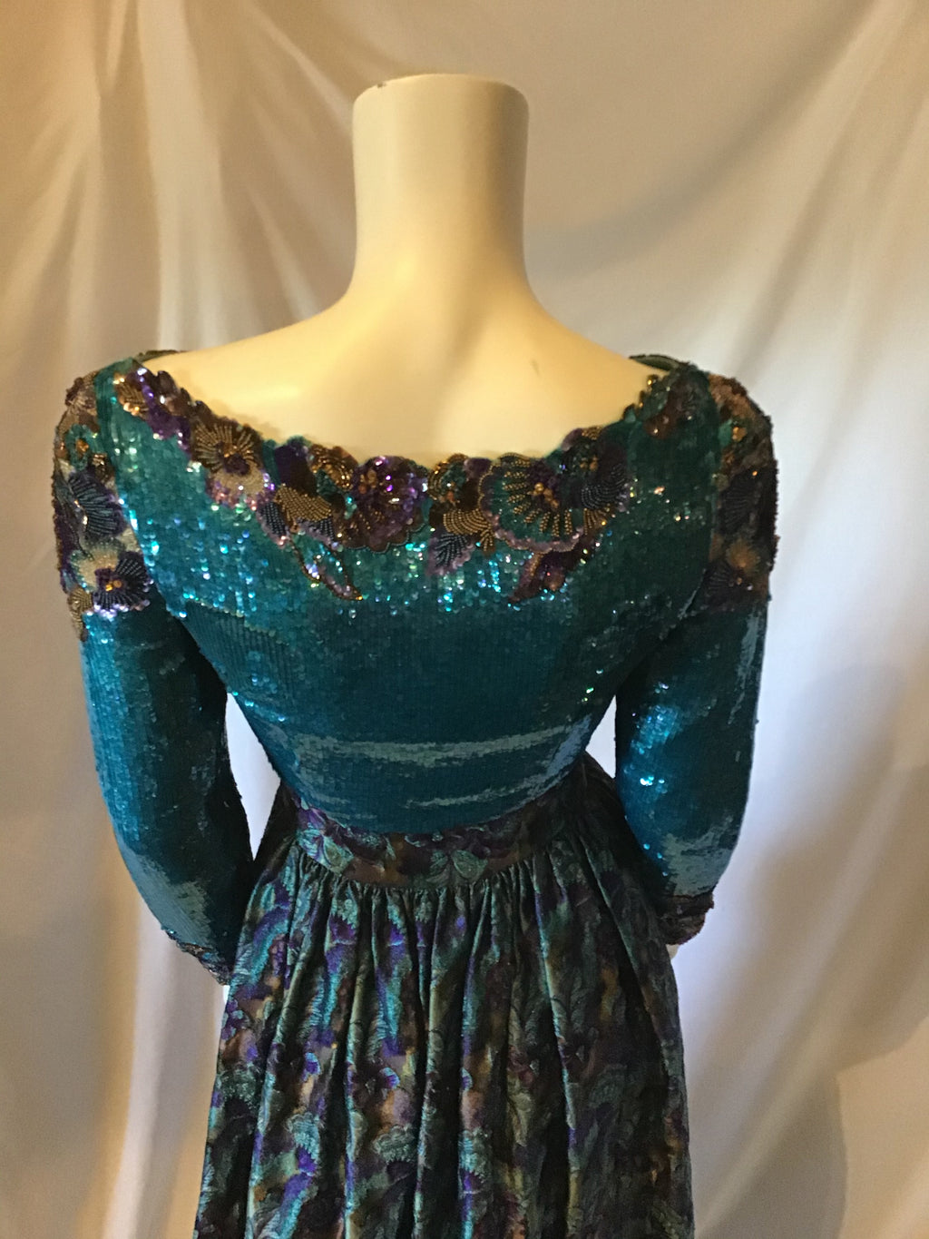 1980s Mary McFadden Teal & Purple Sequinned /beaded Brocade Couture Gown-size 2