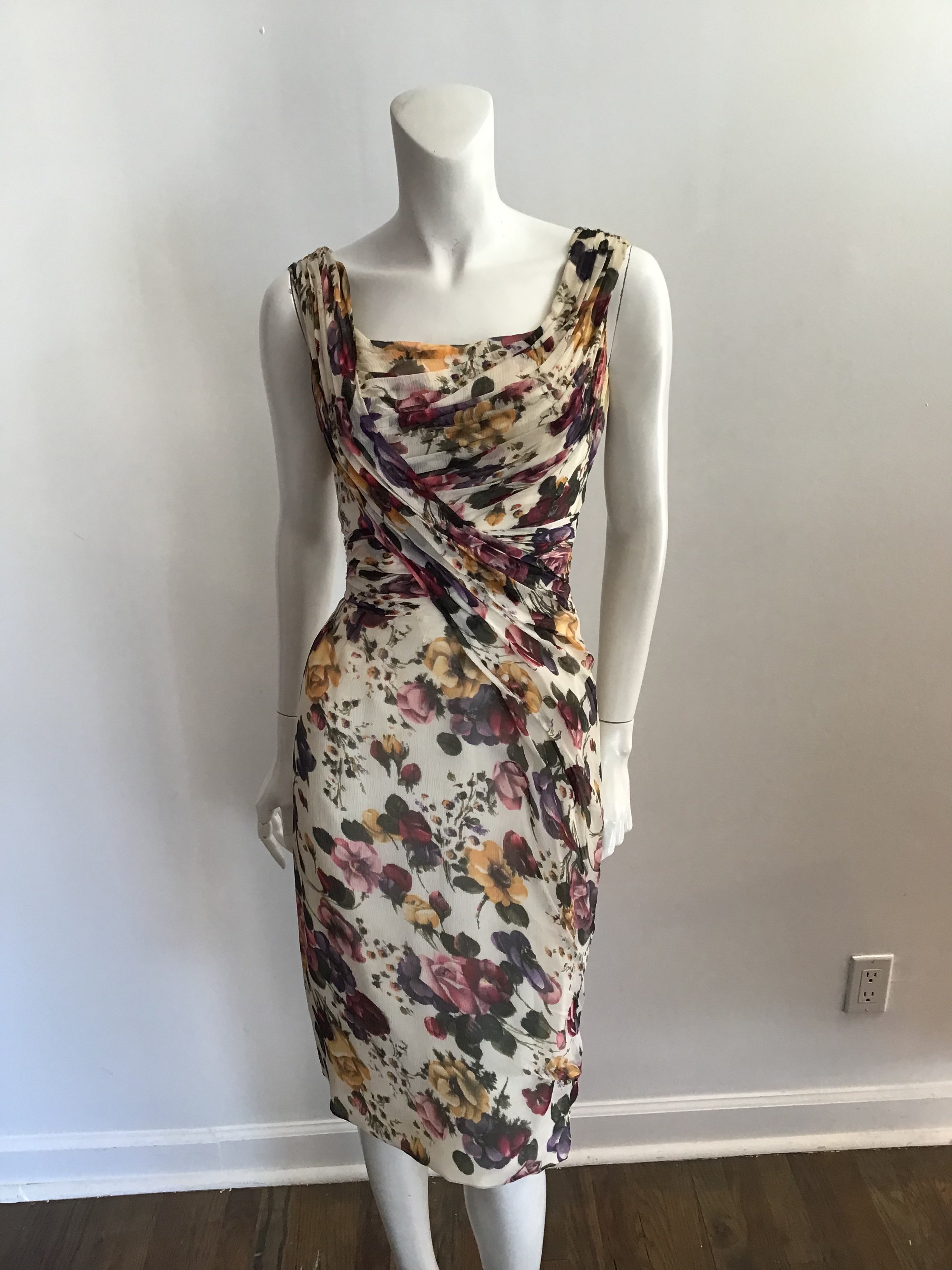 1950s Ceil Chapman Cream Floral Silk Chiffon Cocktail Dress-size 6