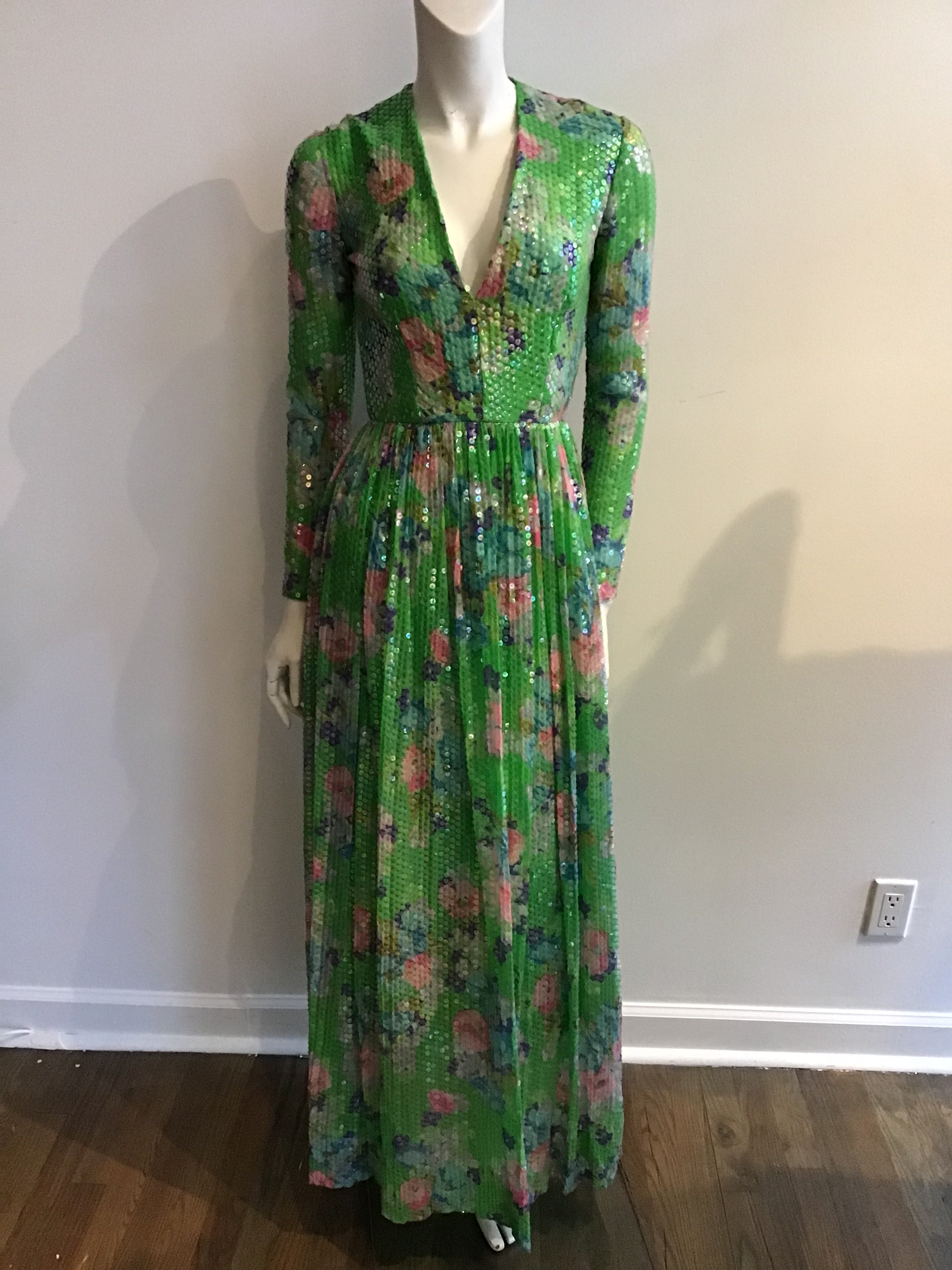1960's Green Floral  Sequined Silk Chiffon Evening Gown-4/6