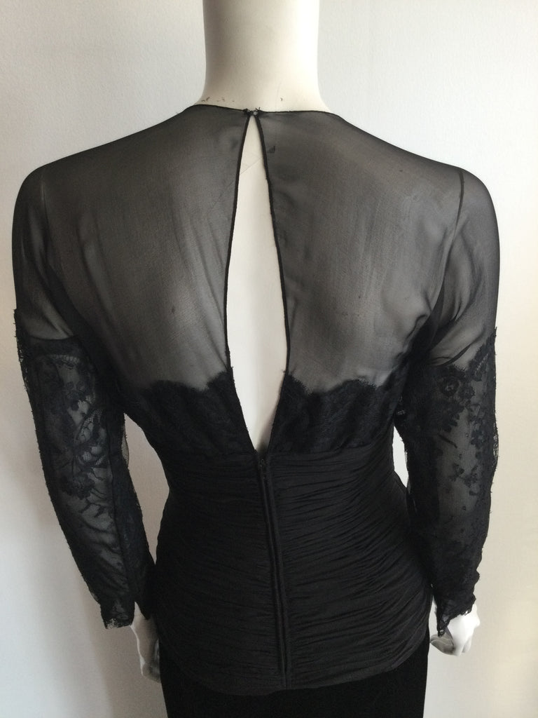 1980's Oscar De La Renta Black Silk Chiffon /Chantilly lace  Evening Gown size 6