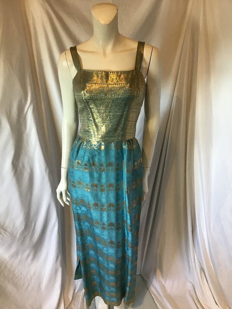 vintage 1960s silk sari fabric gown gold and teal 