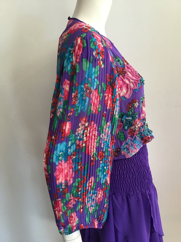 1980's Diane Freis Purple Polyester Chiffon Tiered Skirt /Floral top Dress Size 8