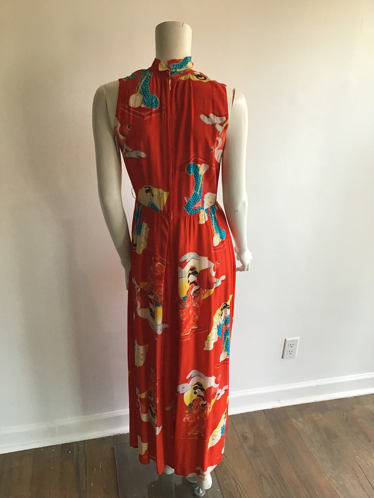 1960s Red Geisha Print Silk Jumpsuit size 7/8