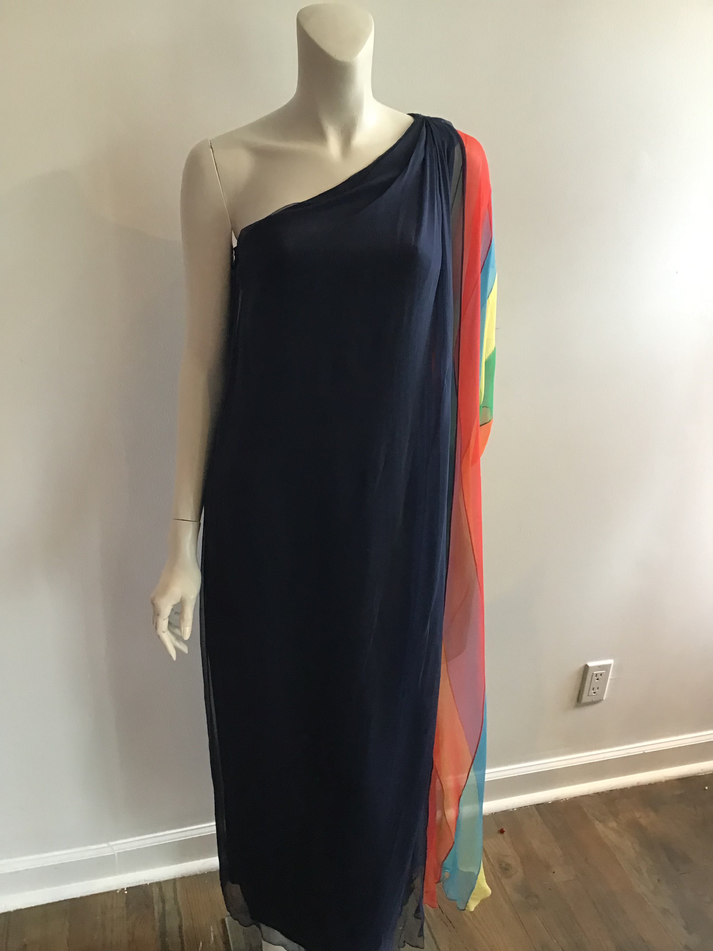 1960s Galanos Navy Chiffon One Shoulder Evening Gown