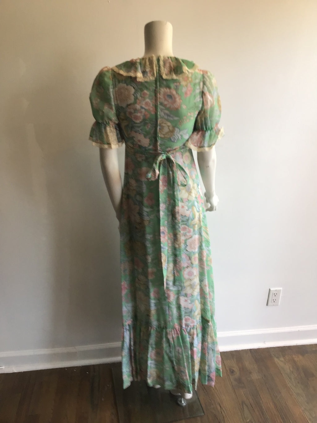 1970's Mint Green Floral Polyester  Prairie Dress size 2-4