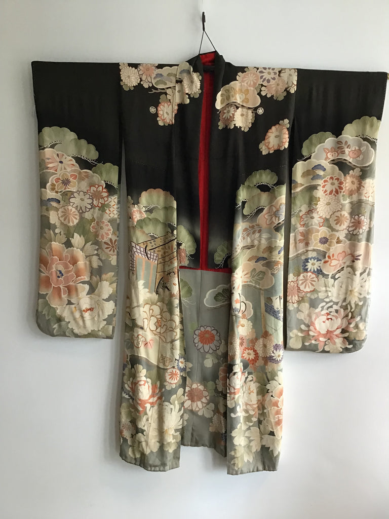 1930s Black Kimono with Fans and Flowers