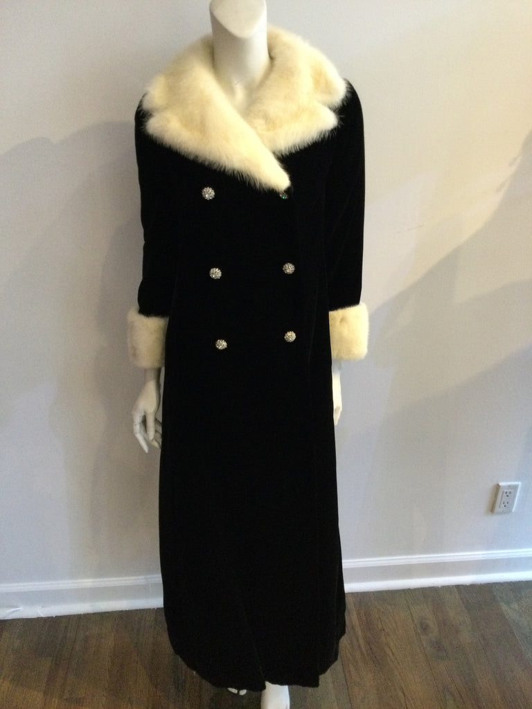 1960s black silk velvet with white mink trim long eveining coat with rhinestone buttons