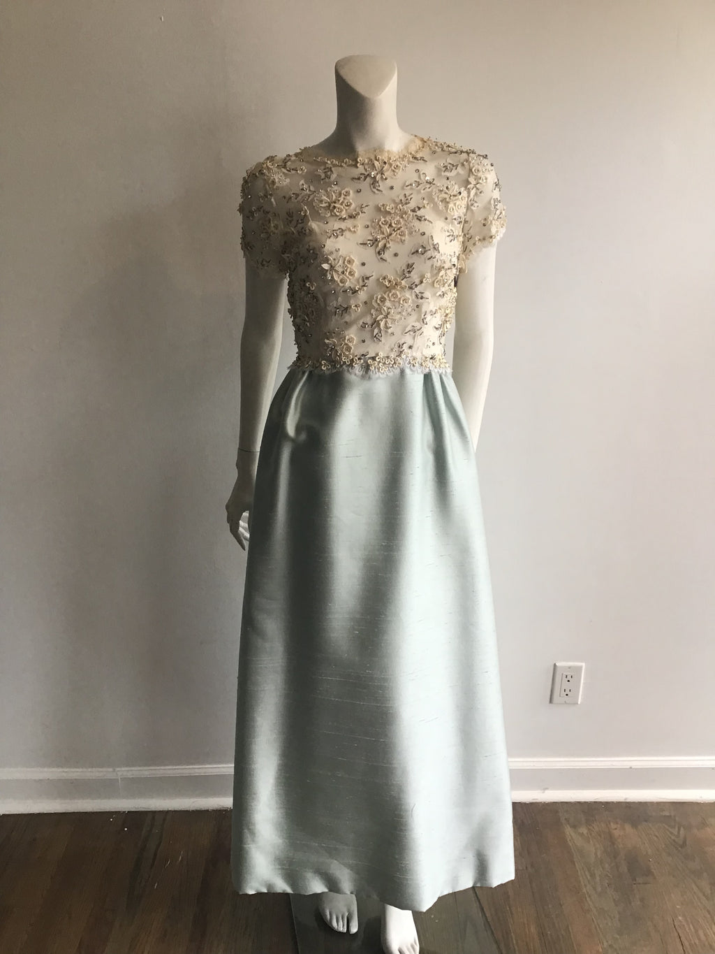 1960s Mat Kaplan Cream Lace and Light Blue Silk Shantung Beaded Evening Gown-size 6